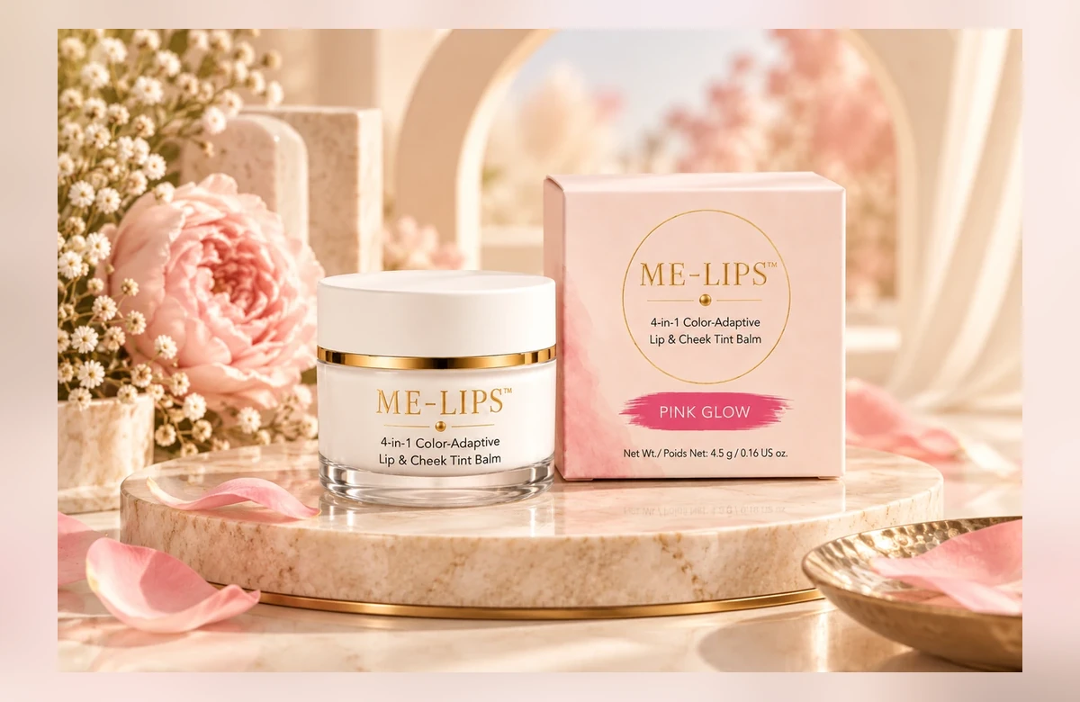 Hũ son dưỡng màu môi và má ME-LIPS bên cạnh hộp sản phẩm màu hồng.