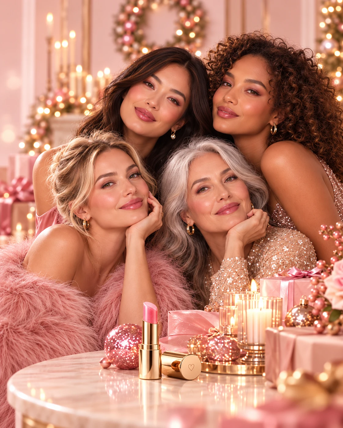 Quatre femmes de différents âges réunies pour les fêtes près d’un baume rose en tube doré.